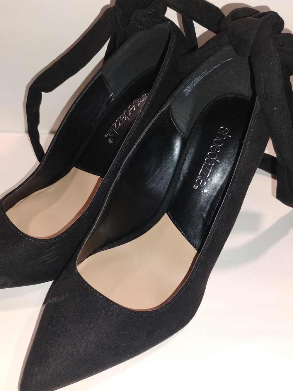 Shoe Dazzle Black Pointed-Toe Ankle Tie Pumps with Wrap Ties